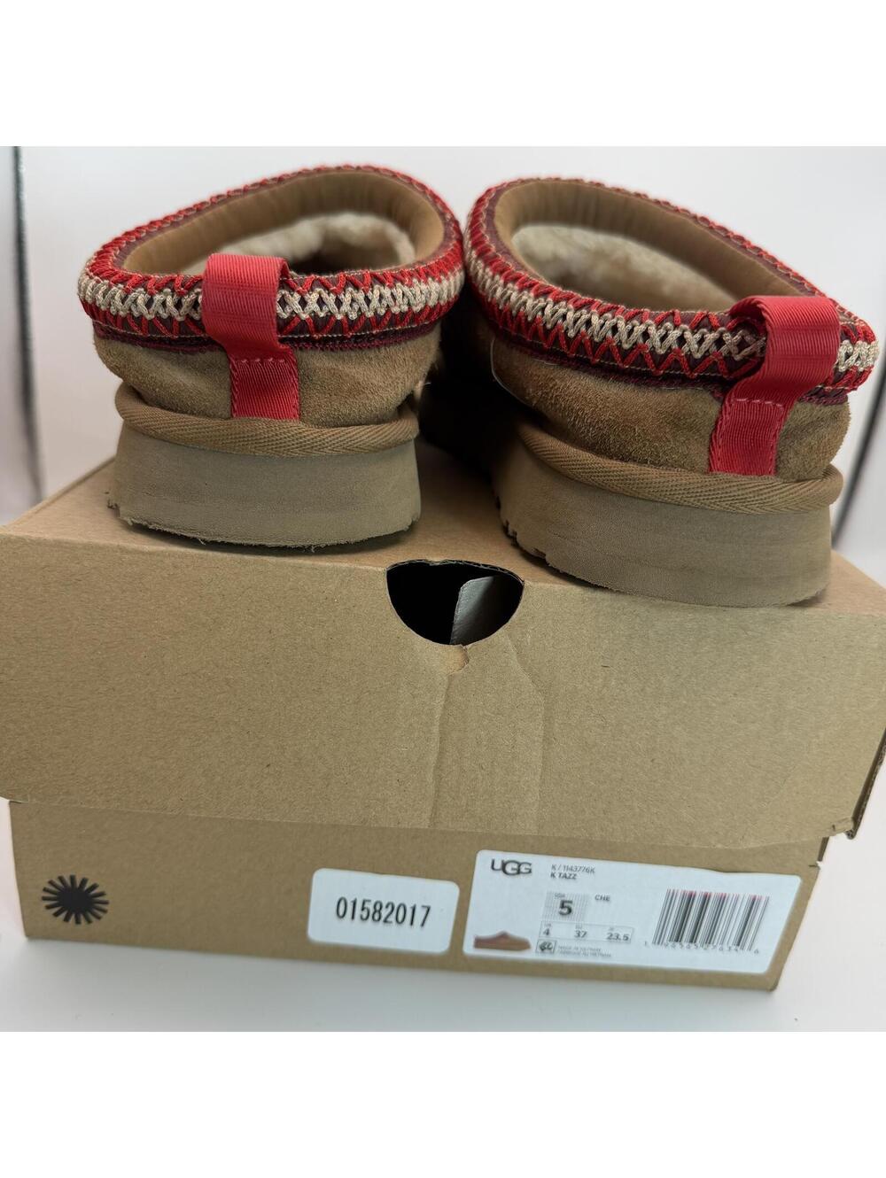 UGG Size 5 Brown Suede Slippers Red Trim Tasman Tazz Braid Shearling - Picture 2 of 7